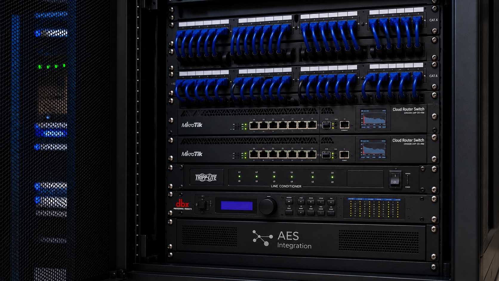 Clean, professionally wired AES Integration network rack with managed PoE switches and color-coded structured cabling — the backbone behind a reliable security camera system on Cape Cod